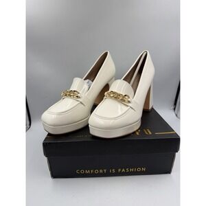 NIB IDIFU White Platform Heels Square Closed Toe Chunky Block Gold Chain Size 10